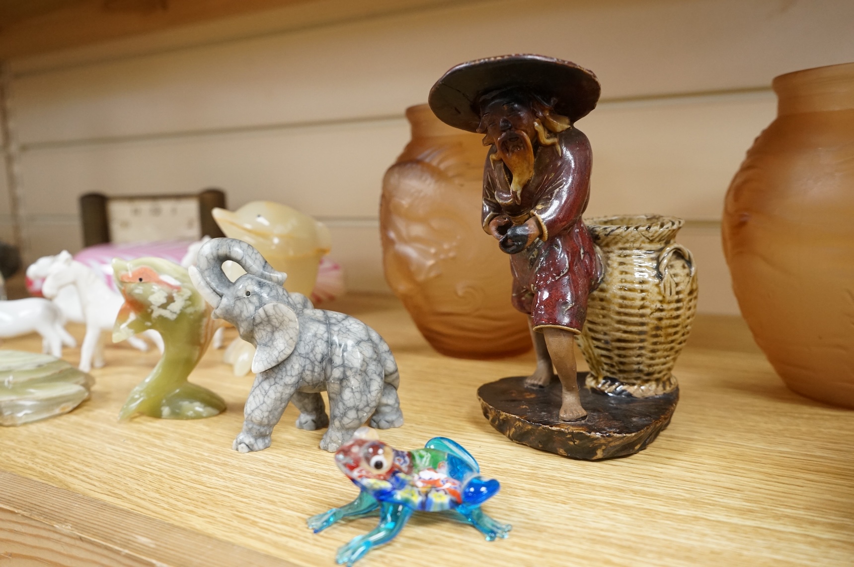Sundry items and collectables to include a pair of glass vases, timepiece and Chinese figure